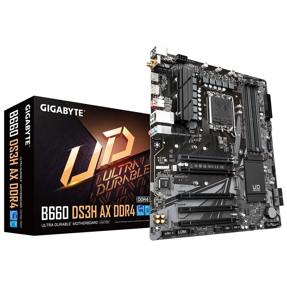 Материнская плата Gigabyte B660 DS3H AX DDR4, Socket 1700, Intel®B660, 4xDDR4-3200, HDMI+DP, 5xPCI-Ex16, 4xSATA3(RAID 0/1/5/10), 2xM.2, 8Ch Audio, GLan, WiFi, (4+4)xUSB2.0, (1+2)xUSB3.2, (1+1)xUSB3.2 Type-C™, 1xPS/2, ATX, RTL (833381)