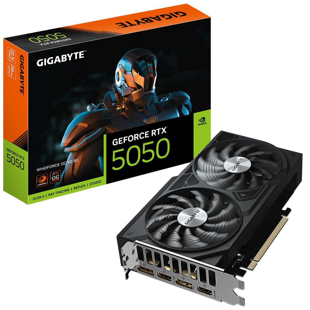 Видеокарта Gigabyte GeForce WINDFORCE OC V2, NVIDIA RTX 5050, 8 ГБ GDDR6, 128 бит, PCI-e 5.0, 1xHDMI, 2xDP, 2587 МГц