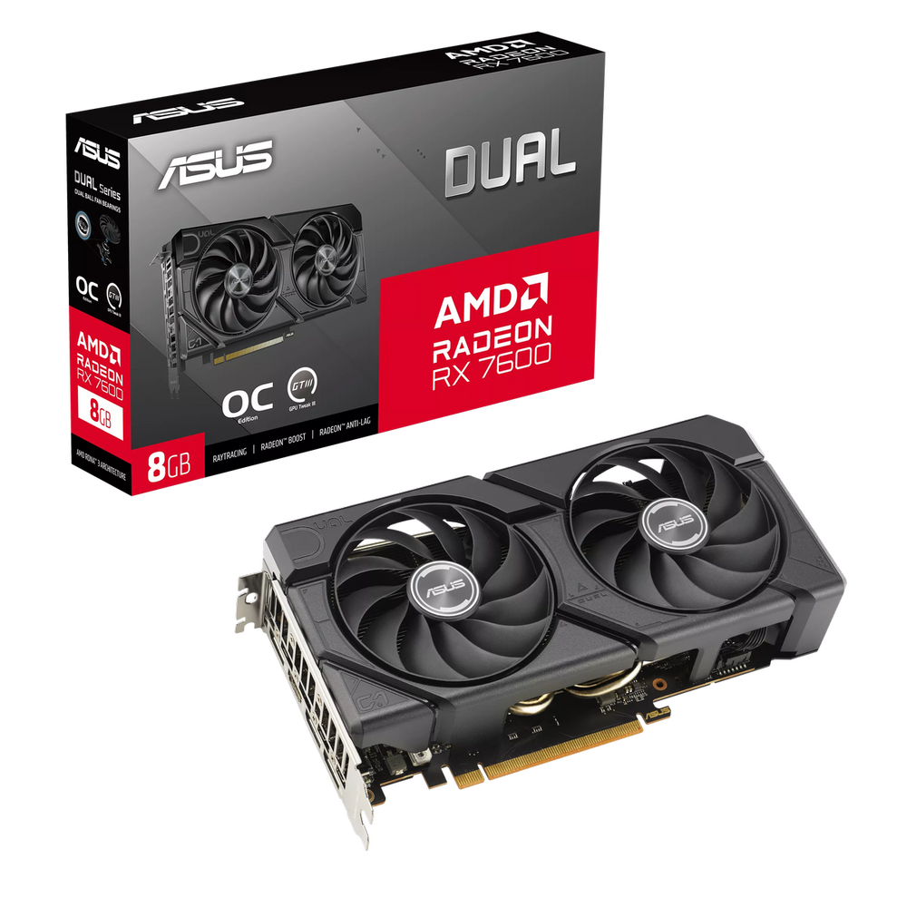 Видеокарта Asus AMD - Radeon RX 7600, PCI-E 4.0 16x, GDDR6 8GB 128bit, 1x HDMI, 3x DP, 165Вт, 232мм, 90YV0LD0-M0NA00