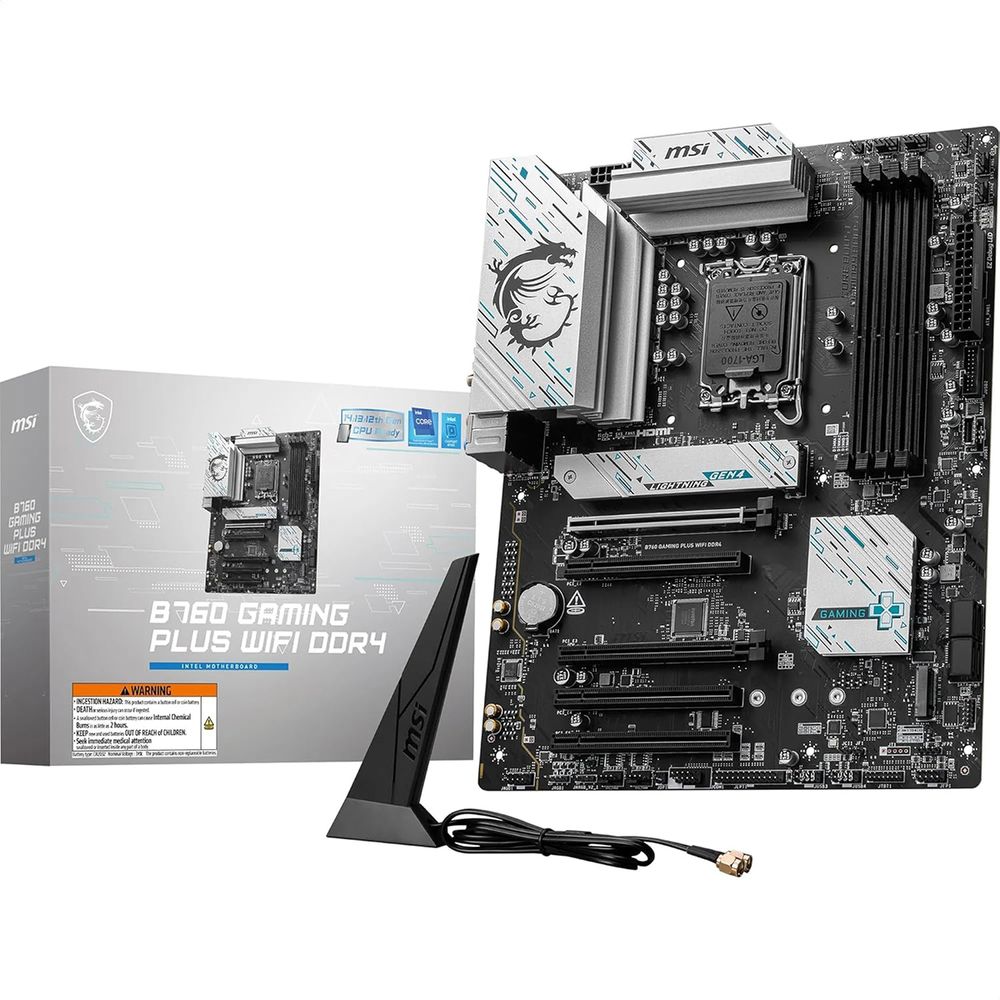 Материнская плата MSI Bad Pack B760 GAMING PLUS WIFI DDR4 B760, LGA1700, 4*DDR4, 5*PCIEx16, 2*M.2, 2*TypeC, 2*USB3.2Gen2, 2*USB3.2Gen1, 8*USB2.0, 4*SATA3.0, 2.5G, DP, HDMI, ATX, RTL bp