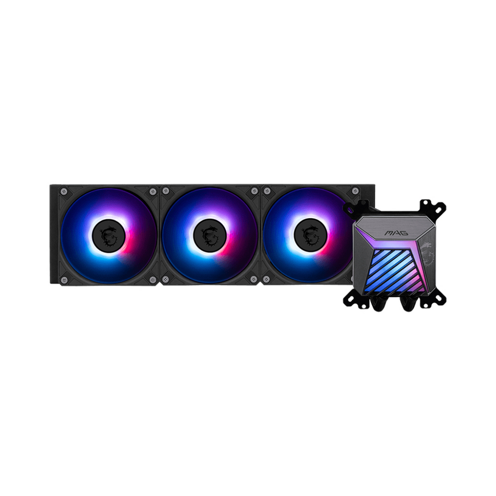 Система жидкостного охлаждения/ Water Cooling System MSI MAG CORELIQUID A15 360 (300W, 360mm, Black, ARGB/ Fans: 3x120mm, 64.89CFM, 28.7dBA, 2050RPM/ Pump 20dBA, 3400RPM, Rad thickness 27mm/ S: 1851, 1700, AM5, AM4)