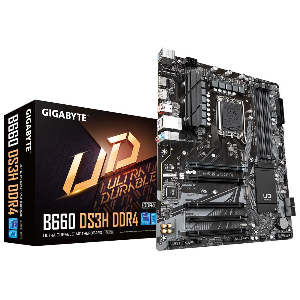 Материнская плата Gigabyte B660 DS3H DDR4, Socket 1700, Intel®B660, 4xDDR4-3200, HDMI+DP, 5xPCI-Ex16, 4xSATA3(RAID 0/1/5/10), 2xM.2, 8Ch Audio, GLan, (4+4)xUSB2.0, (1+2)xUSB3.2, (1+1)xUSB3.2 Type-C™, 1xPS/2, ATX, RTL (834999)