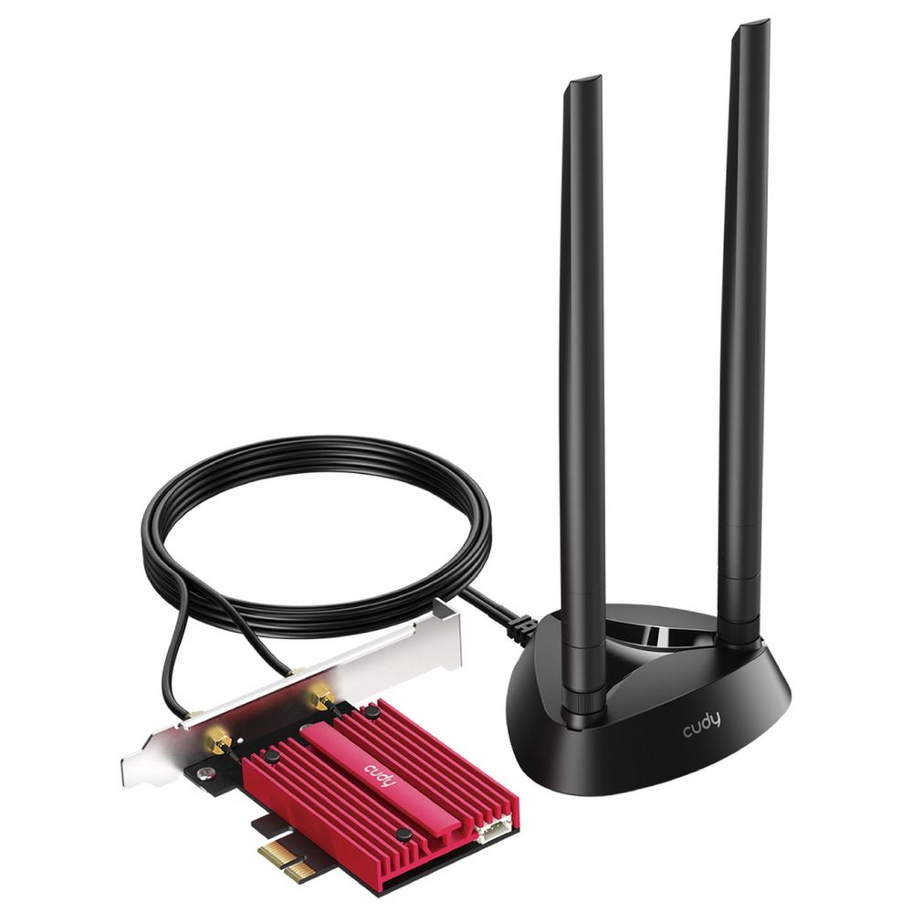 Адаптер беспроводной связи (Wi-Fi) CUDY AX5400 Wi-Fi PCI Express Adapter 5400Mbps Wi-Fi 6E / Bluetooth 5.2 PCI Express Adapter with Heatsink and Magnetized Antenna Base,  Intel AX210 module, 2T2R, 802.11ax/ac/a/b/g/n, Magnetized antenna base, 2 high gain detachable antennas, V2