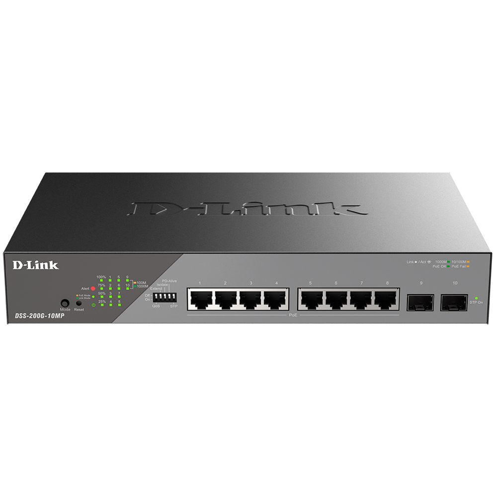 Коммутатор D-Link DSS-200G-10MP/A1A, L2, 8×1GbE PoE, 2×SFP, PoE-бюджет 130 Вт