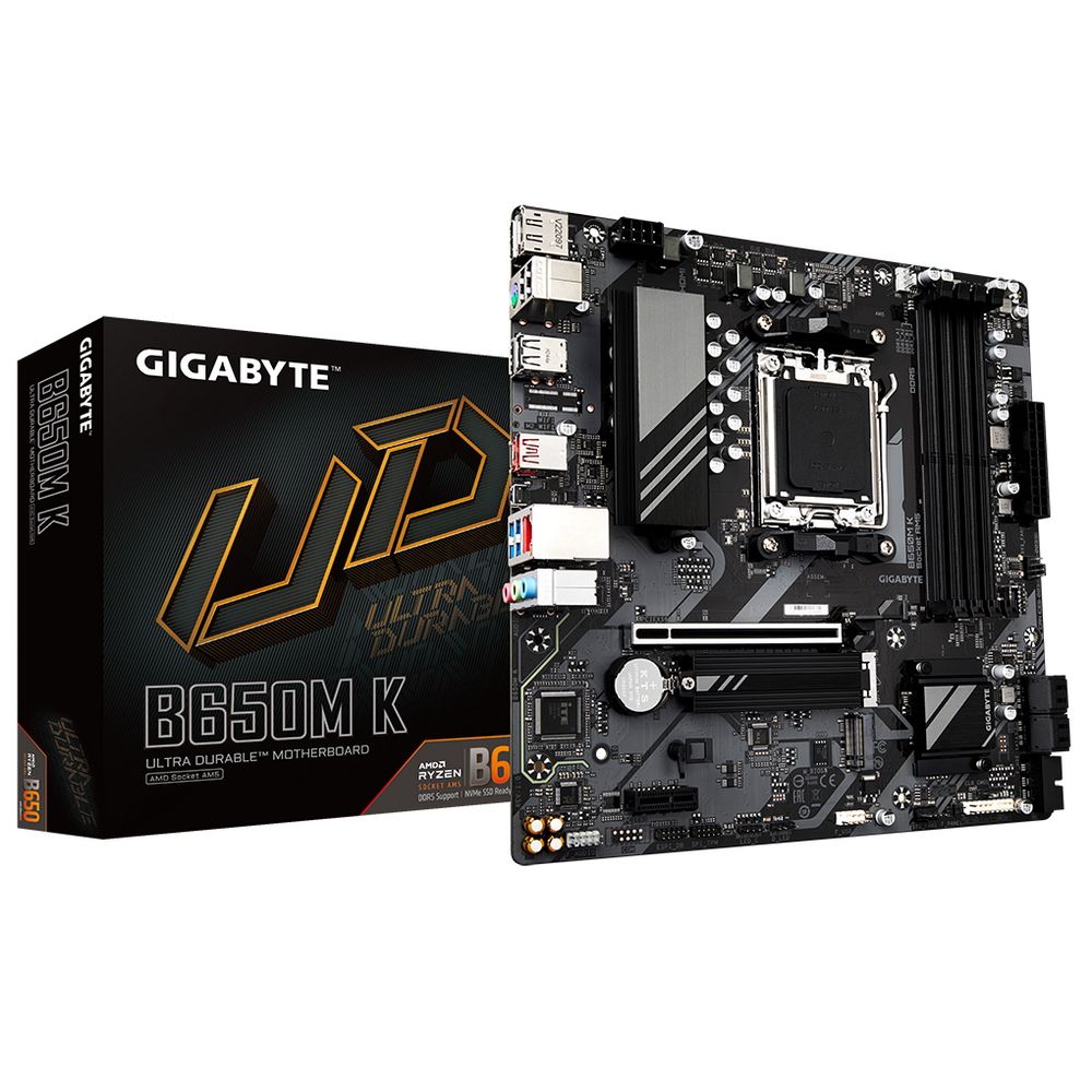 Материнская плата Gigabyte Bad Pack B650M K, Socket AM5, AMD B650, 4xDDR5-5200, HDMI+DP, 1xPCI-Ex16, 1xPCI-Ex1, 4xSATA3(RAID 0/1/10), 2xM.2, 8 Ch Audio, 2.5GLan, (4+2)xUSB2.0, (3+2)xUSB3.2, (1+1)xUSB3.2 Type-C™, 1xPS/2, mATX, RTL