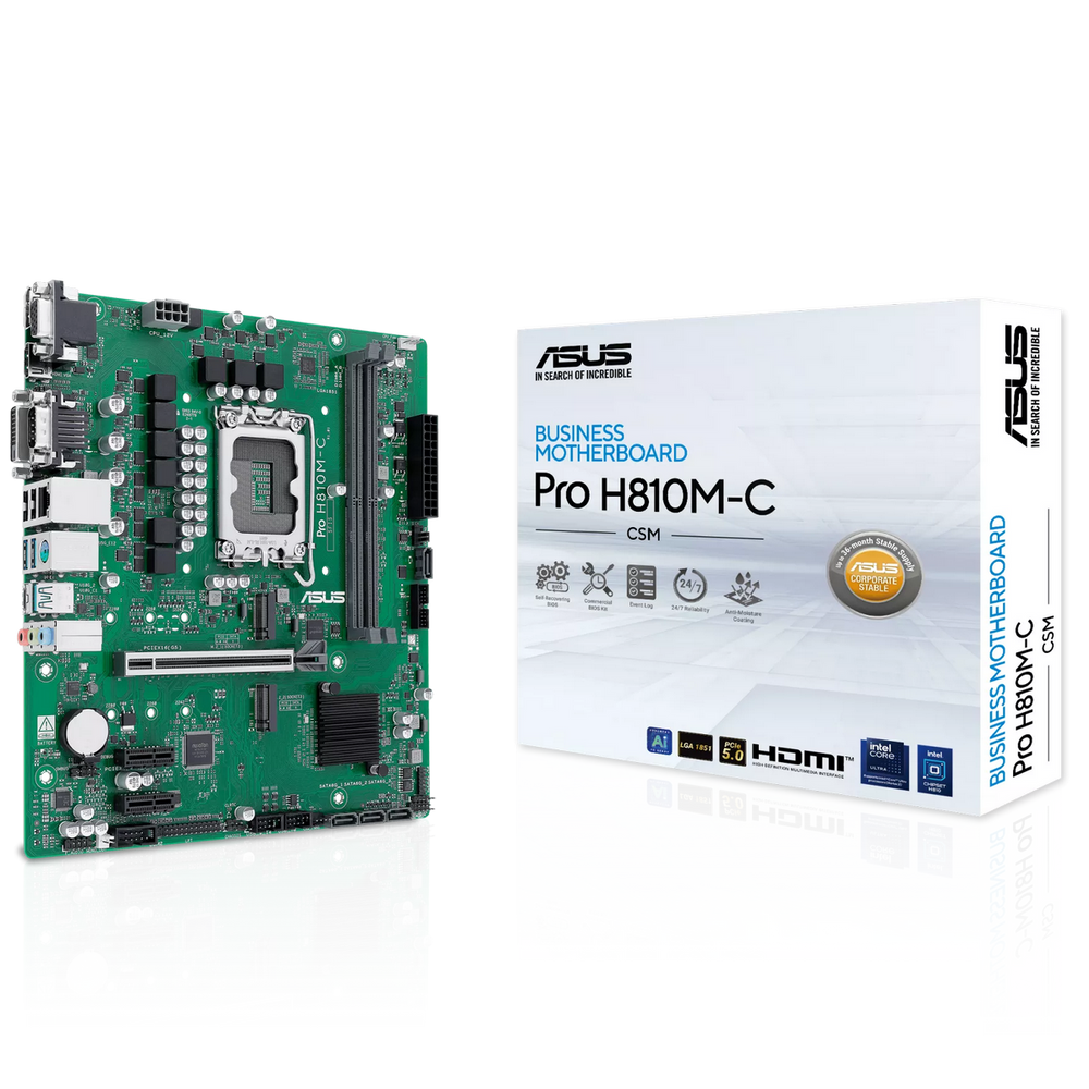 Материнская плата ASUS PRO H810M-C-CSM, LGA1851, Intel H810, 2xDDR5, 4xSATA, 2xM.2, 1xPCIe 5.0 x16, 2xPCIe 4.0 x1, 1xDP, 1xHDMI, 1xDVI-D, 1xVGA, 1x1Gb LAN, 2xUSB 10Gbps, 2xUSB-A 5Gbps, 2xUSB-A 2.0, 3x3.5 мм, 7.1, mATX