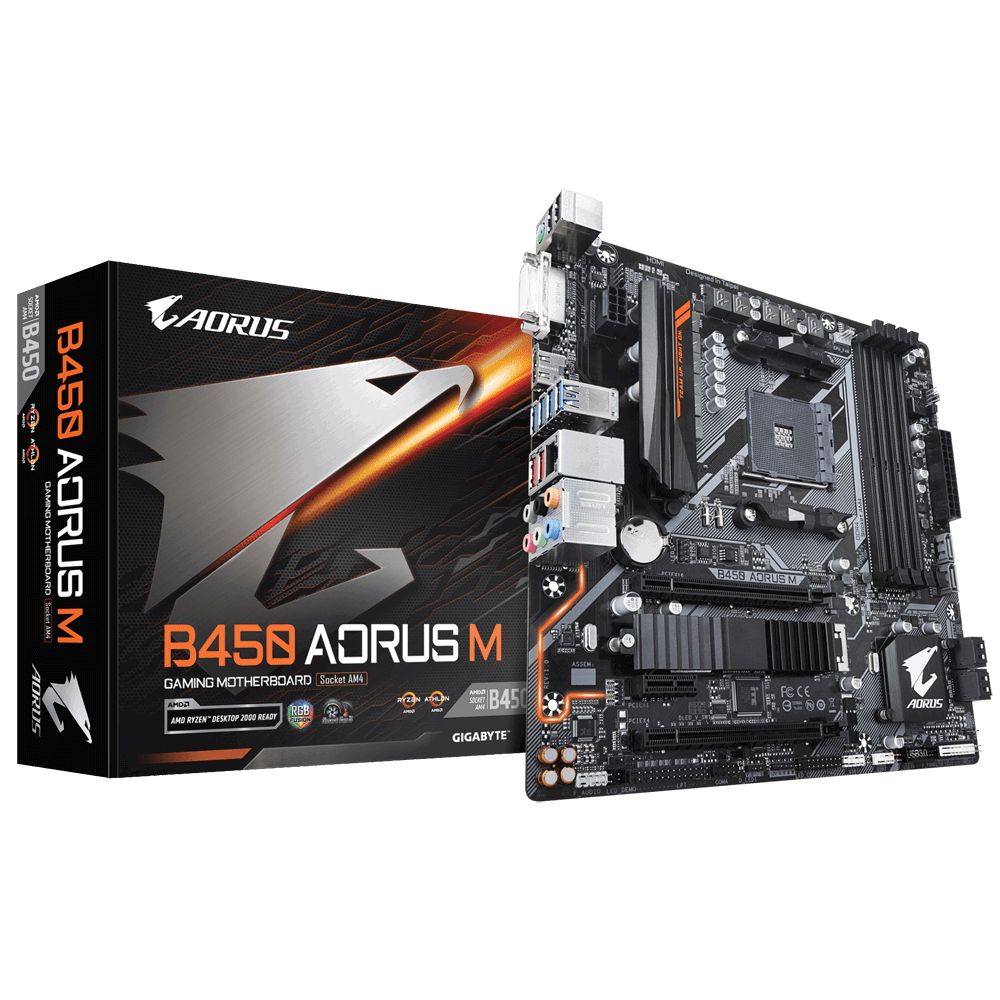 Материнская плата Gigabyte B450 AORUS M, Socket AM4, AMD B450, 4xDDR4-2933, DVI-D+HDMI, 2xPCI-Ex16, 1xPCI-Ex1, 6xSATA3(RAID 0/1/10), 1xM.2, 8 Ch Audio, GLan, (2+4)xUSB2.0, (6+2)xUSB3.1, 1xPS/2, mATX, RTL {10} (803858)