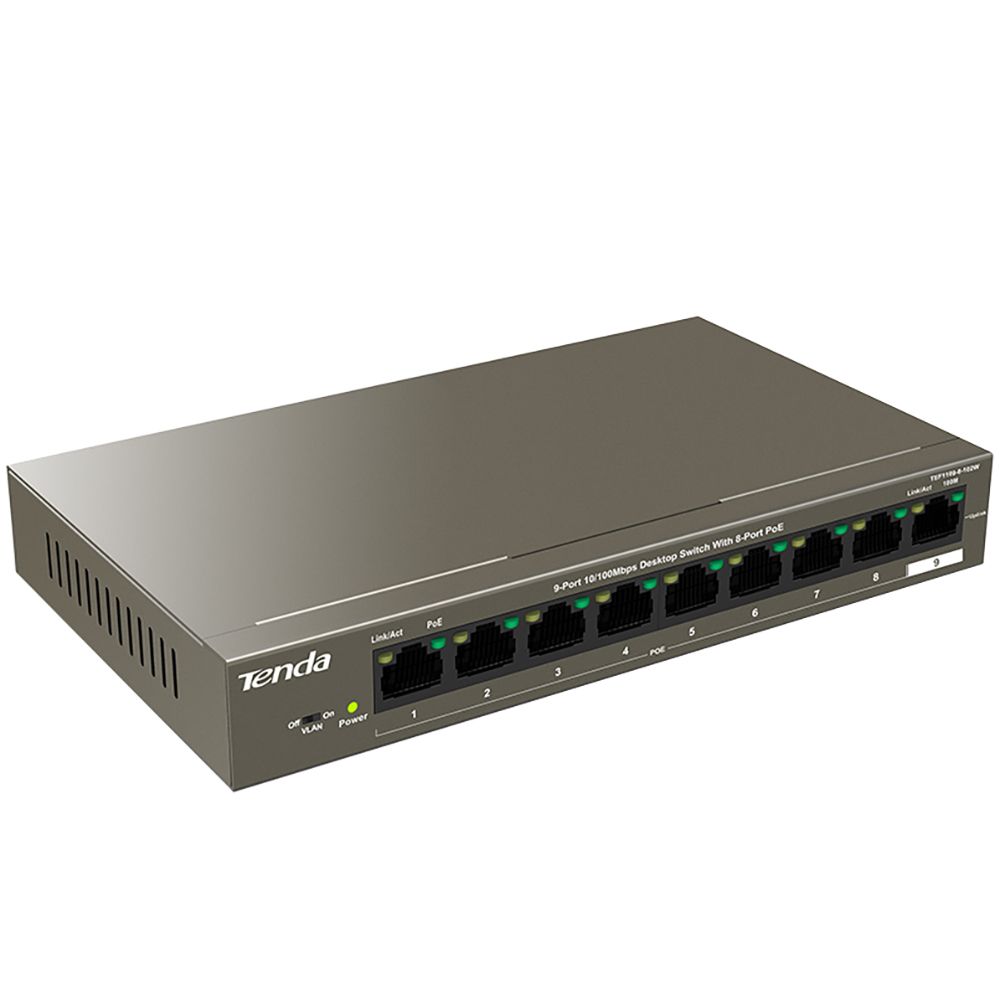 Коммутатор Tenda TEF1109P-8-102W, неуправляемый PoE, 9×FE, 8×PoE, 92 Вт