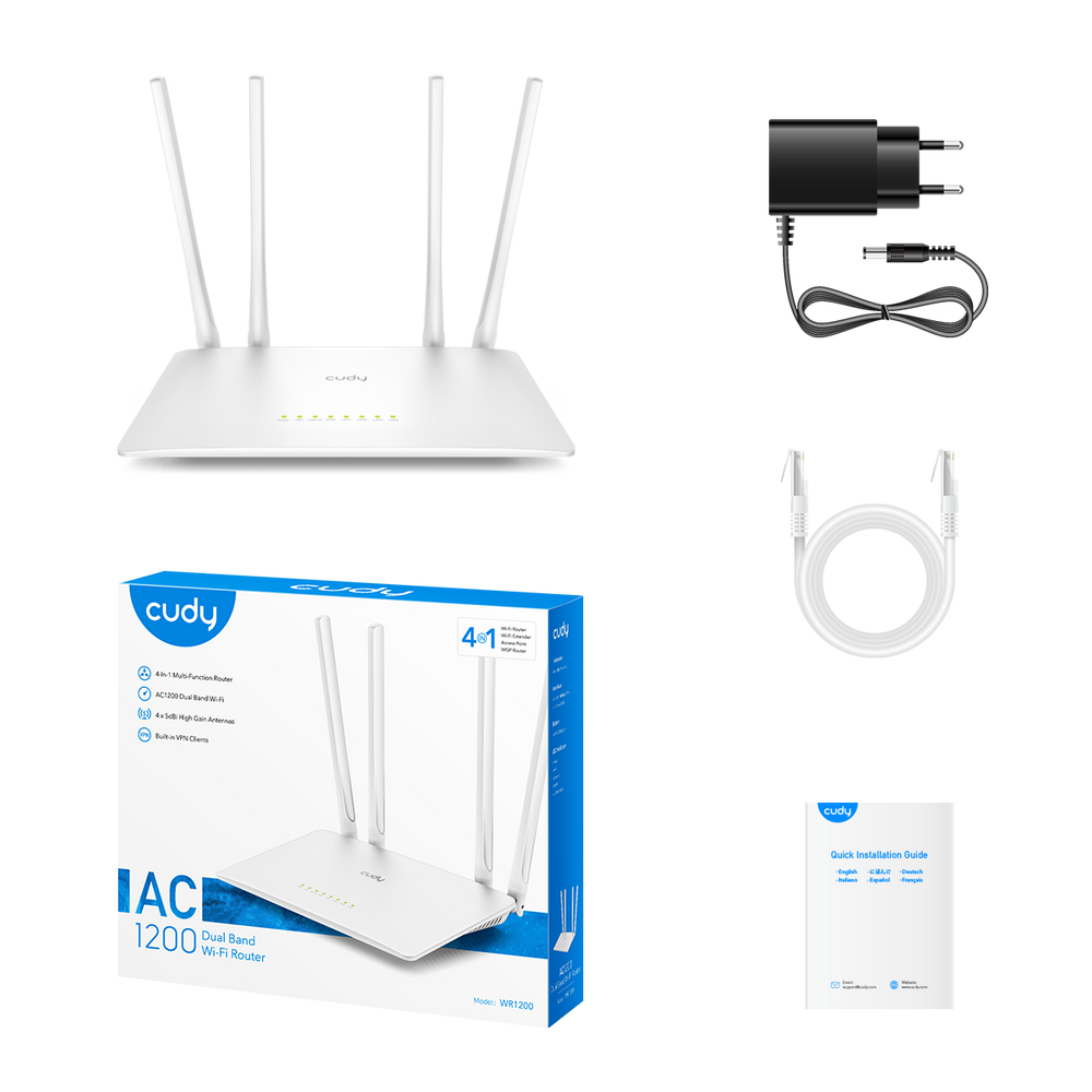 Маршрутизатор CUDY AC1200 Wi-Fi Router Dual Band, Chipset MediaTek, 802.11ac/a/b/g/n, 867Mbps at 5GHz + 300Mbps at 2.4GHz, 5 × 10/100Mbps Ports, WiFi router/AP/ Repeater/WISP Mode,4  5dBi fixed antennas, WPA3, Guest network, WPS, DDNS, VPN Client, IPv6,TR069/TR098/TR111/TR18
