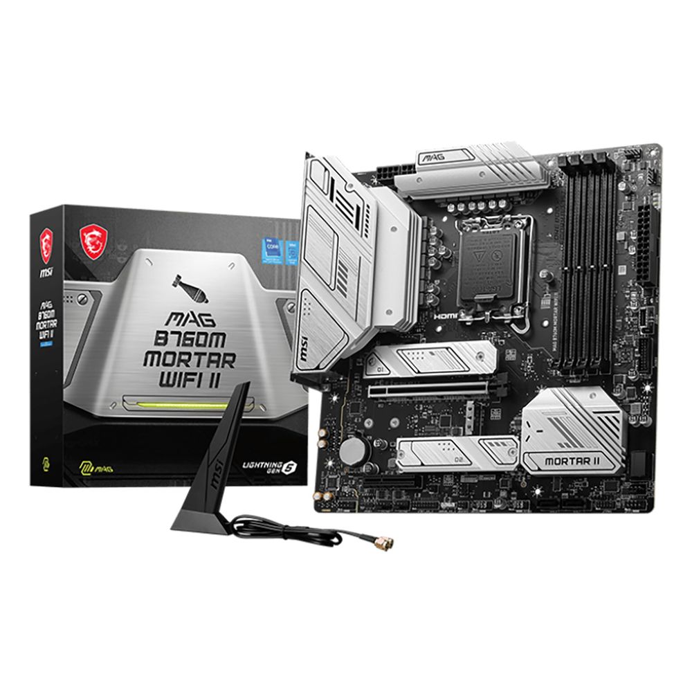 Материнская плата MSI MAG B760M MORTAR WIFI II mATX LGA1700 4DDR5 PCI-Ex16 PCI-Ex4 3M.2 4SATA3 USB3.2 Gen2x2 Wi-Fi 6E 2,5G Ethernet