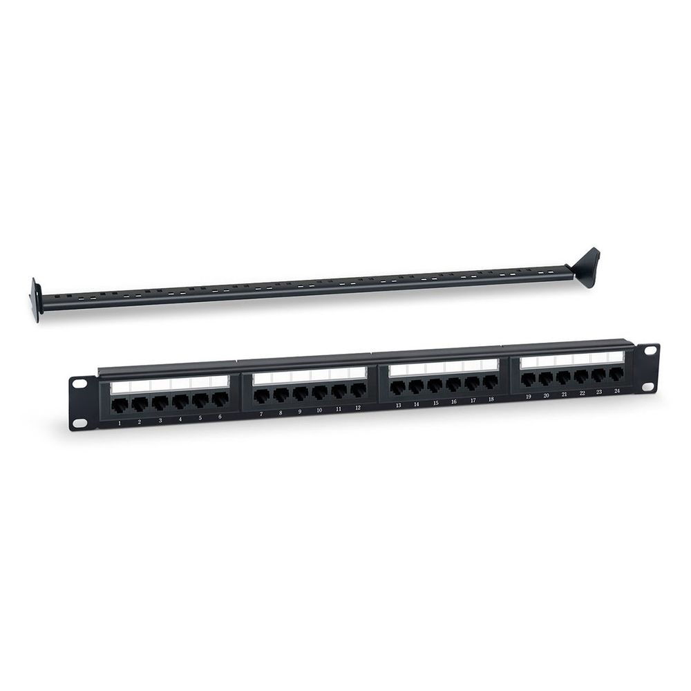 Патч-панель Hyperline Bad Pack WRline WR-PL-24-C5E-D Патч-панель 19" (1U), 24 порта RJ-45, категория 5e, Dual IDC, с задним кабельным организатором, цвет черный bp