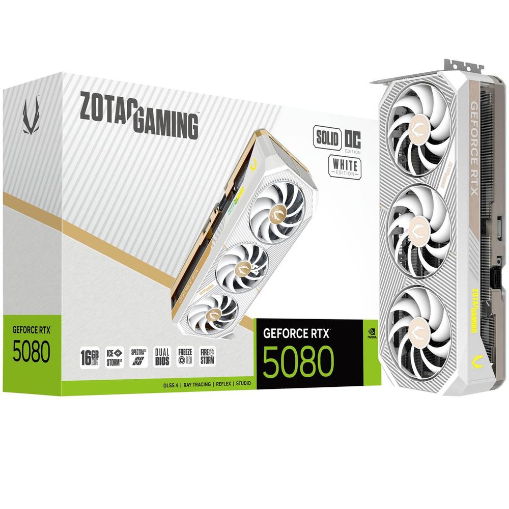 Видеокарта Zotac PCI-E 4.0 RTX 5080 SOLID OC WHITE ED NVIDIA GeForce RTX 5080 16Gb 256bit GDDR7 2640/30000 HDMIx1 DPx3 HDCP Ret белый