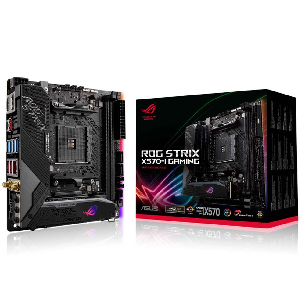 Материнская плата ASUS ROG STRIX X570-I GAMING, AM4, AMD X570, 2xDDR4, 4xSATA, 2xM.2, 1xPCIe 4.0 x16, 1xHDMI, 1xDP, 1x1Gb LAN, Wi-Fi 6, Bluetooth 5.0, 1xUSB-C 10Gbps, 3xUSB-A 10Gbps, 4xUSB-A 5Gbps, 2xUSB-A 2.0, 3x3.5 мм, 7.1, ITX