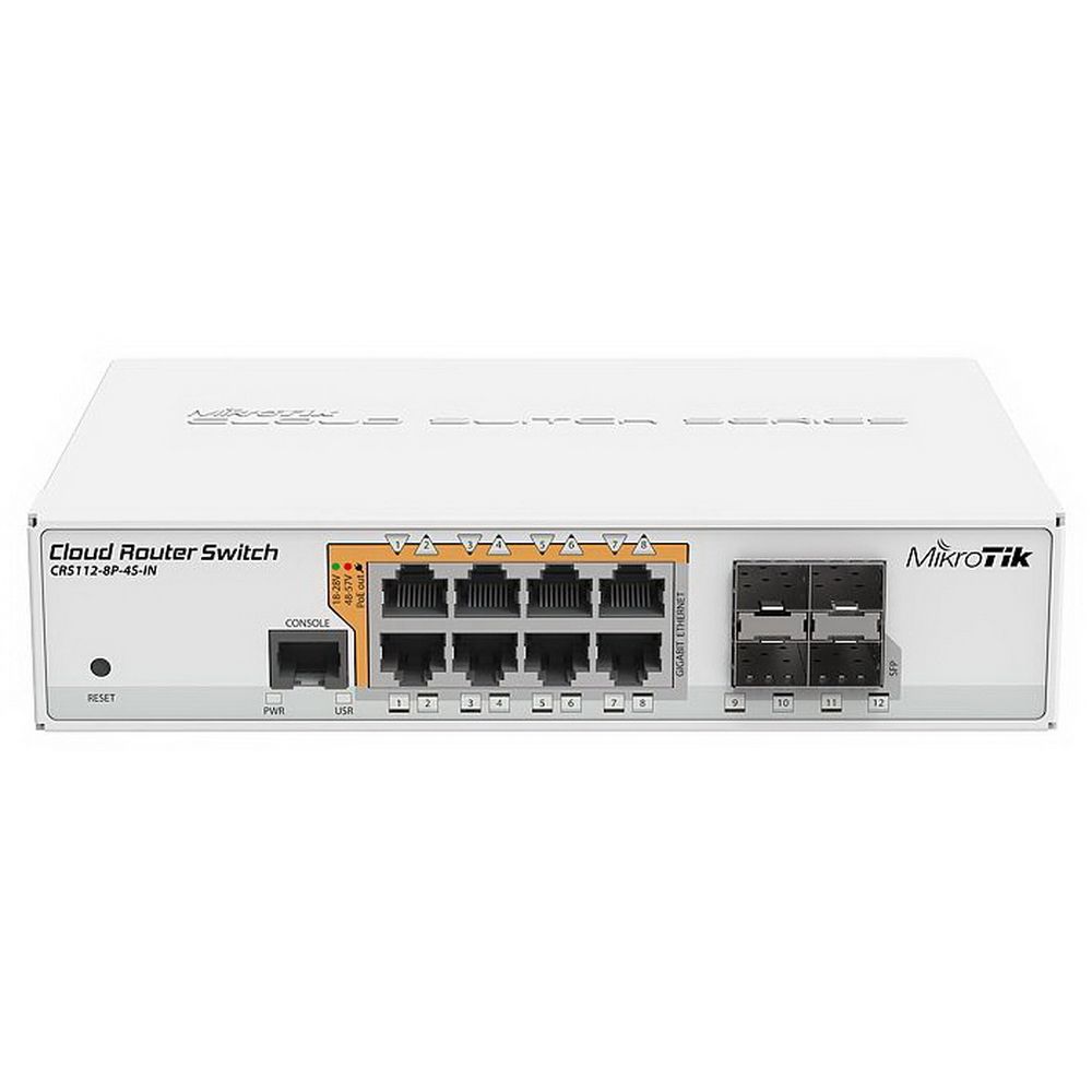 Маршрутизатор MIKROTIK CRS112-8P-4S-IN Cloud Router Switch 112-8P-4S-IN with QCA8511 400Mhz CPU, 128MB RAM, 8xGigabit LAN with PoE-out, 4xSFP, RouterOS L5, desktop case, PSU {10} (002105)