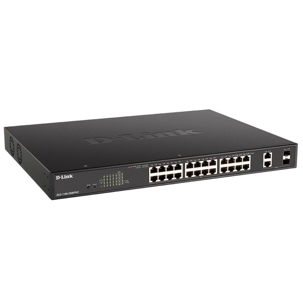 Коммутатор D-Link Bad Pack DGS-1100-26MPPV2/A3A Настраиваемый L2 коммутатор с 24 портами 10/100/1000Base-T и 2 комбо-портами 100/1000Base-T/SFP (порты 1–24 PoE 802.3af/at, порты 21–24 PoE 802.3bt, PoE-бюджет 518 Вт) bp