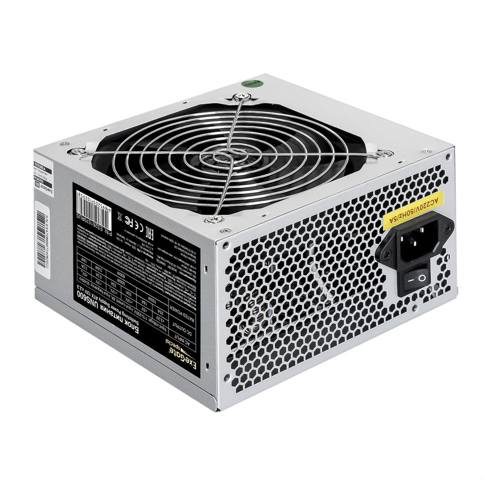 Exegate Блок питания ExeGate  600W UNS600 ATX (без сетевого шнура в комплекте), 12cm fan, 24pin, (4+4)pin, PCI-E, 3xSATA, 2xIDE  ES261570RUS