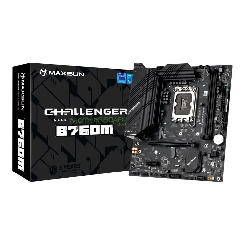 Материнская плата Maxsun Challenger B760M, LGA 1700, Intel B760, 2xDDR4, 3xSATA, 2xM.2, 1xPCIe 4.0 x16, 1xPCIe 3.0 x1, 1xHDMI, 1xVGA, 1x 1Gb LAN, 4xUSB-A 3.2 Gen 1, 2xUSB-A 2.0, 5.1, M-ATX