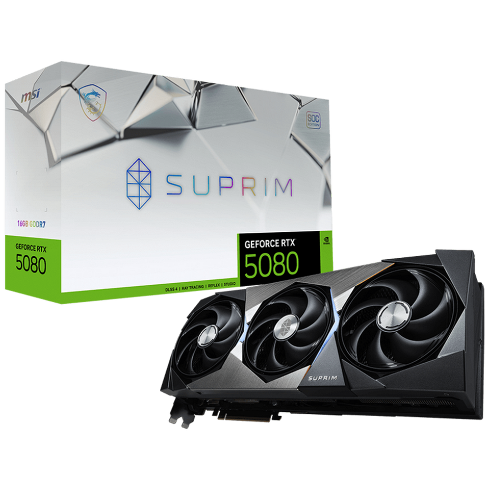 Видеокарта MSI PCI-E 5.0 RTX 5080 16G SUPRIM SOC NVIDIA GeForce RTX 5080 16Gb 256bit GDDR7 2745/30000 HDMIx1 DPx3 HDCP Ret