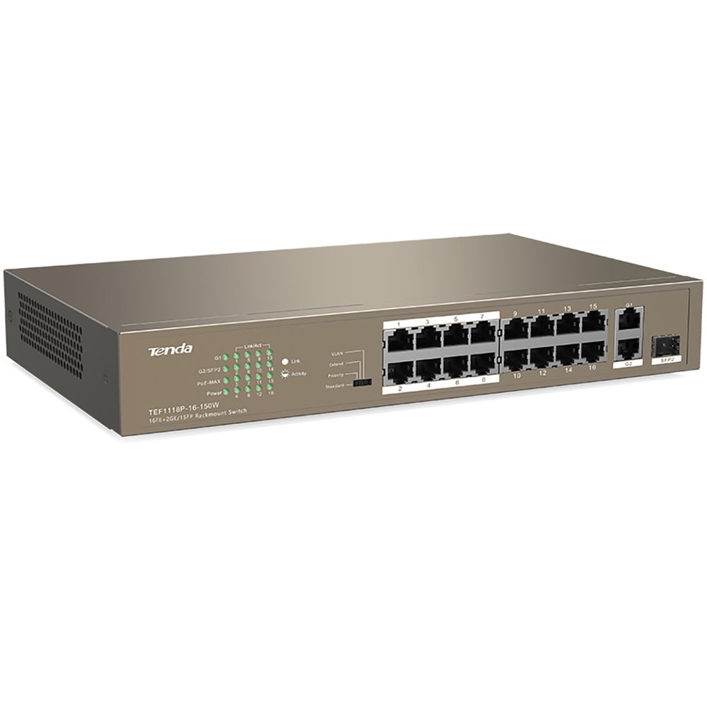 Коммутатор Tenda TEF1118P-16-150W Коммутатор неуправляемый PoE, 18 портов 18х100 Мбит/с, 2x1 Гбит/с, PoE 16х30 Вт (до 130Вт), установка в стойку