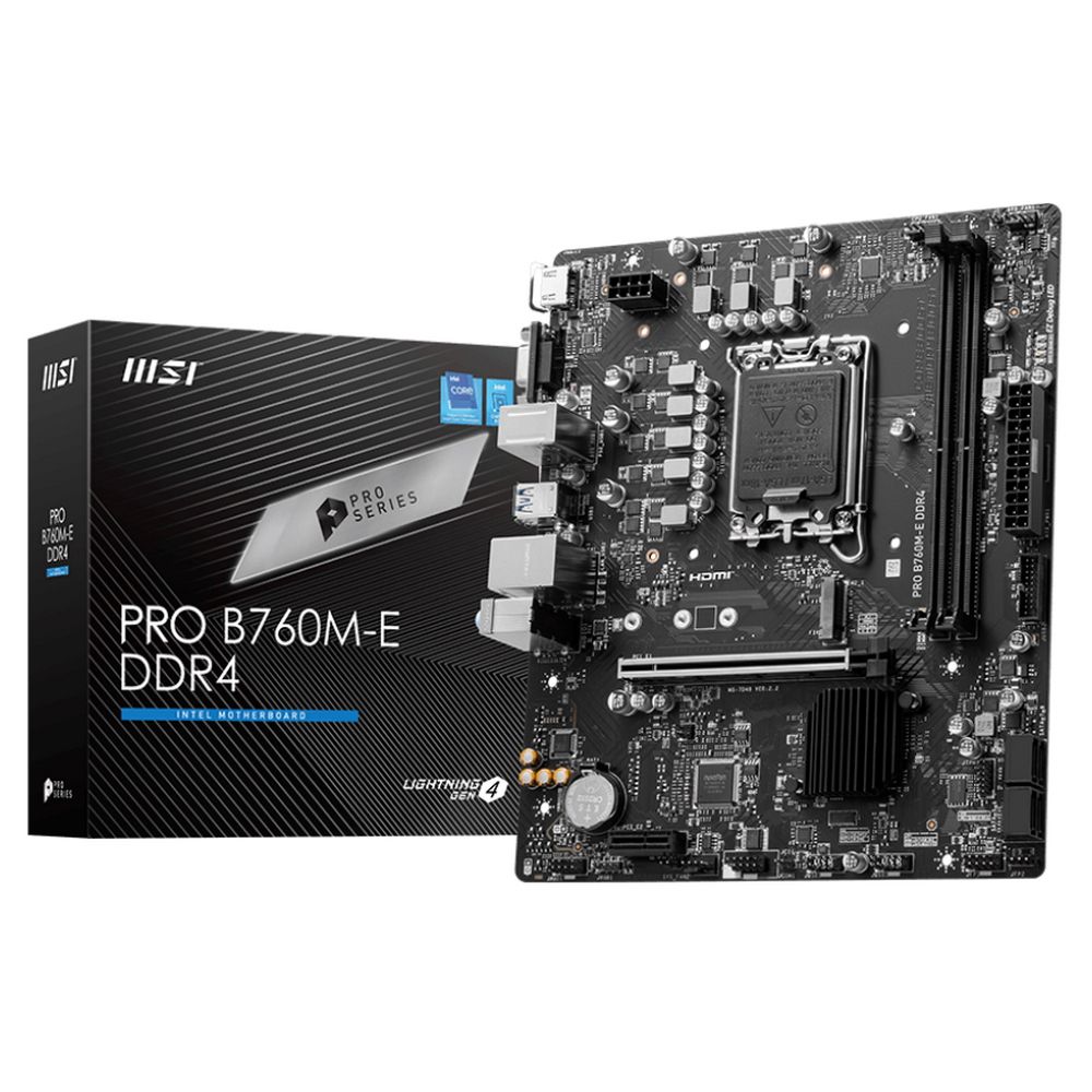 Материнская плата MSI Bad Pack PRO B760M-E DDR4 B760, LGA1700, 2*DDR4, 1*PCIEx16, 1*PCIEx1, 1*M.2, 4*USB3.2Gen1, 8*USB2.0, 4*SATA3.0, 1G, VGA, HDMI, M-ATX, RTL bp