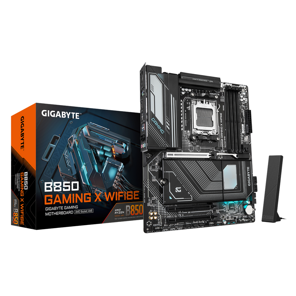 Материнская плата Gigabyte B850 GAMING X WIFI6E, Socket AM5, AMD B850, 4xDDR5-5200, HDMI+DP, 3xPCI-Ex16, 4xSATA3(RAID 0/1/10), 3xM.2, 8 Ch Audio, 1x2,5GLan, WiFi, (2+4)xUSB2.0, (5+4)xUSB3.2, (1+1)xUSB Type-C™, 1xPS/2, ATX, RTL Bad Pack