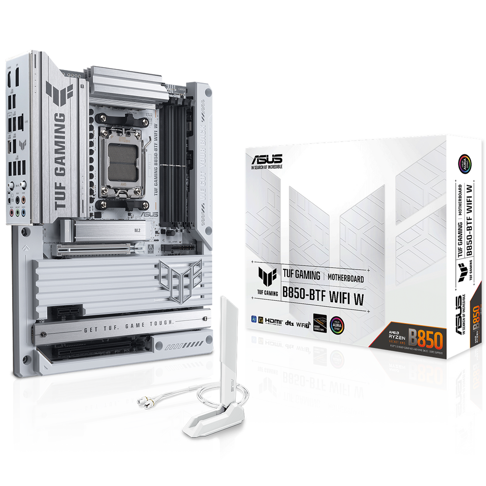 Материнская плата ASUS TUF GAMING B850-BTF WIFI W, AM5, AMD B850, 4xDDR5, 4xSATA, 3xM.2, 1xPCIe 5.0 x16, 1xPCIe 4.0 x16, 1xPCIe 3.0 x1, 1xDP, 1xHDMI, 1x2.5Gb LAN, Wi-Fi 7, Bluetooth 5.4, 1xUSB-C 20Gbps, 3xUSB-A 10Gbps, 4xUSB-A 5Gbps, 2xUSB-A 2.0, 5x3.5 мм, 7.1, ATX