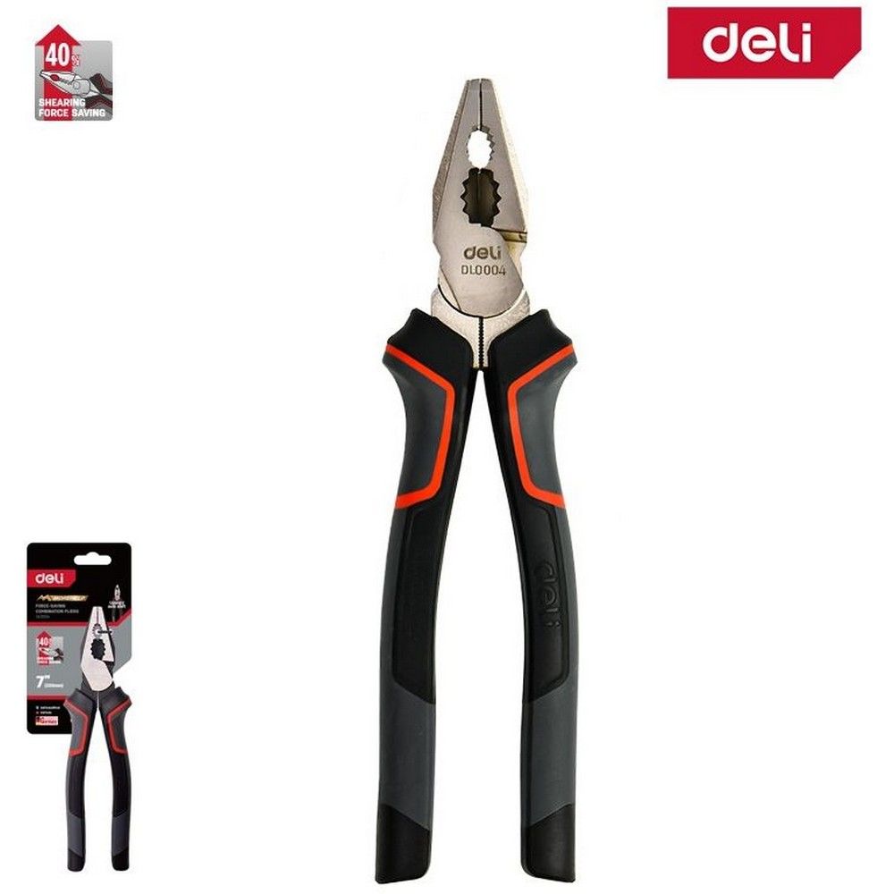 Комбинированные плоскогубцы Deli DL0004 180 мм, Cr-V, эксцентриковый шарнир, антикоррозийное покрытие, трехкомпонентная прорезиненная рукоять