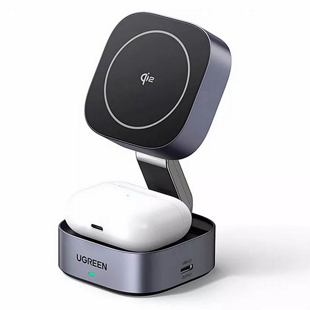 Зарядное устройство магнитное беспроводное 2-в-1 UGREEN W702 (35316) 2-in-1 Magnetic Wireless Charge for Iphone&AirPods 15W Qi2. Цвет: серый космос