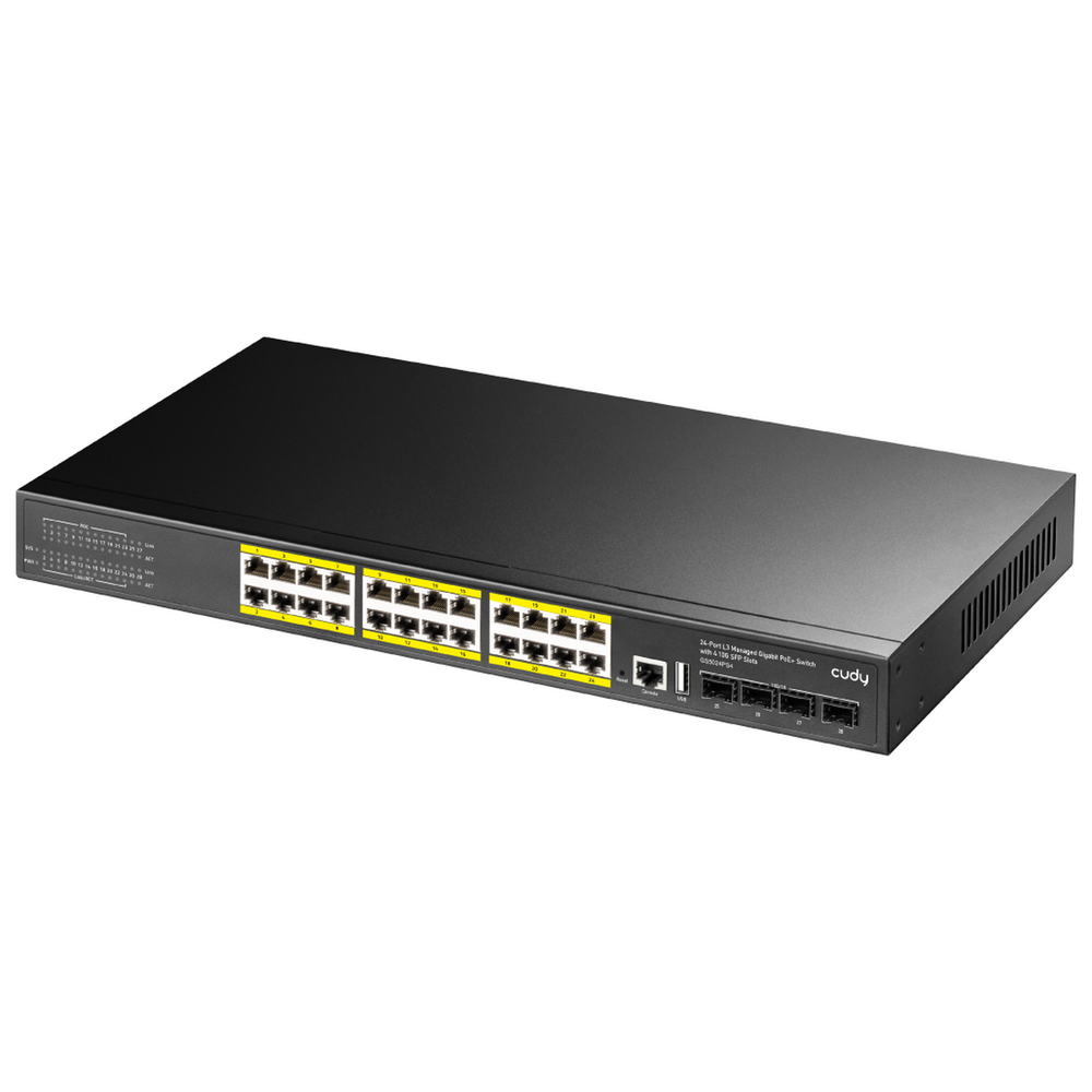 Коммутатор Cudy GS5024PS4-400W, L3, 24×1GbE PoE+, 4×10G SFP+, PoE-бюджет 400 Вт, 1U
