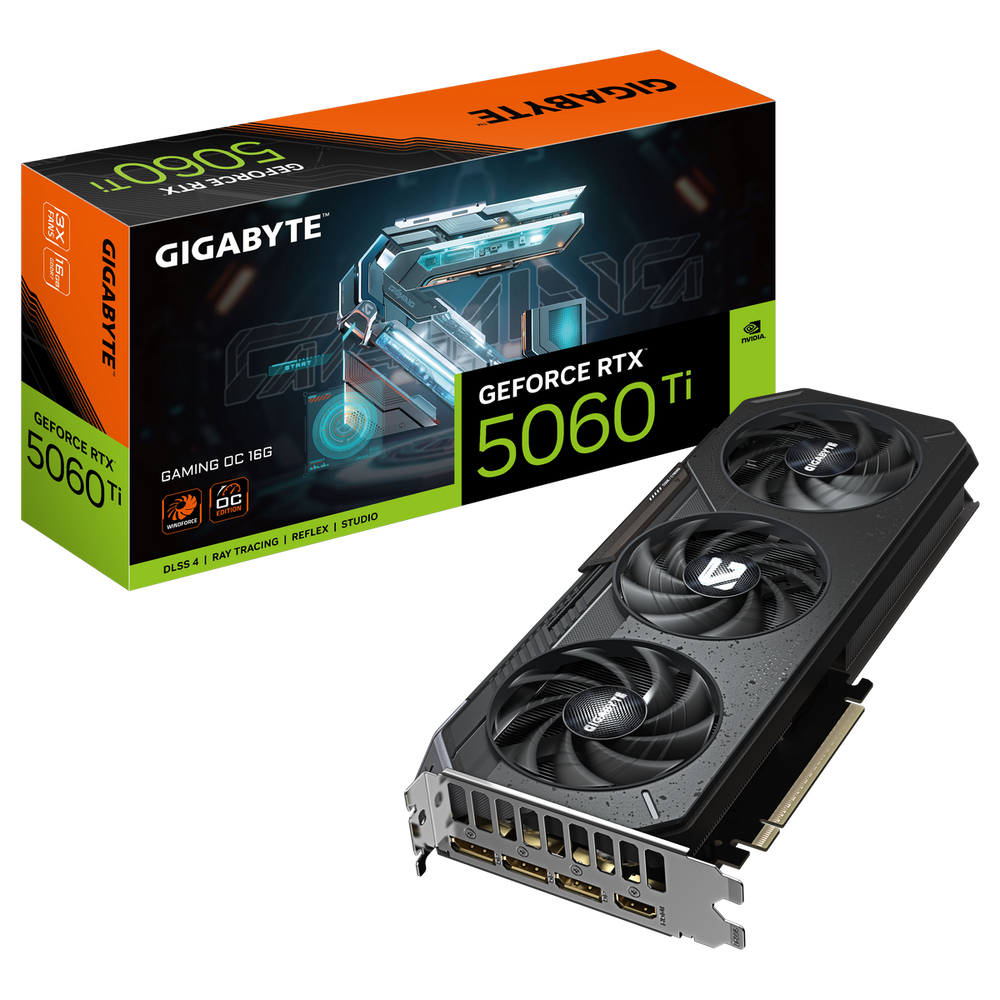 Видеокарта Gigabyte GeForce RTX 5060 Ti Gaming OC, NVIDIA RTX 5060 Ti, 16 ГБ GDDR7, 128 бит, PCI-e 5.0, 1xHDMI, 3xDP, 2647 МГц