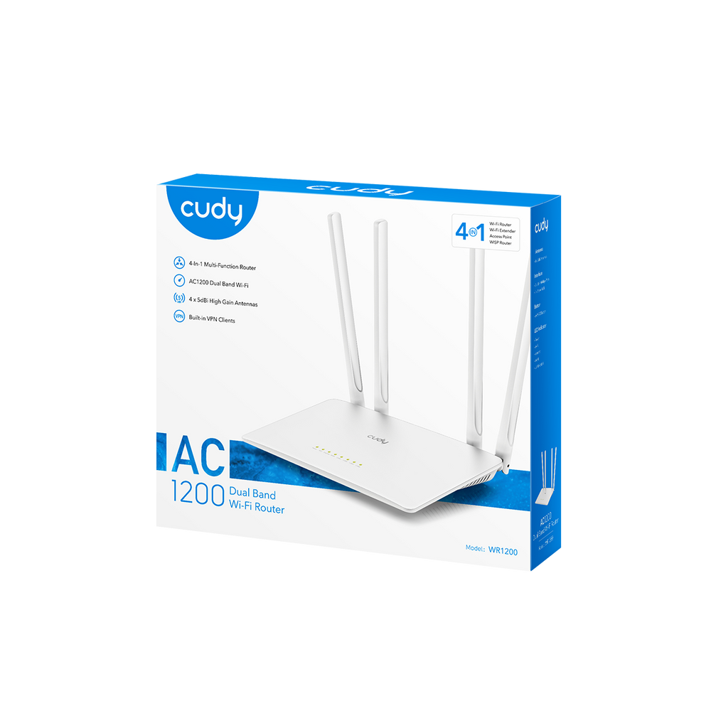 Маршрутизатор CUDY AC1200 Wi-Fi Router Dual Band, Chipset MediaTek, 802.11ac/a/b/g/n, 867Mbps at 5GHz + 300Mbps at 2.4GHz, 5 × 10/100Mbps Ports, WiFi router/AP/ Repeater/WISP Mode,4  5dBi fixed antennas, WPA3, Guest network, WPS, DDNS, VPN Client, IPv6,TR069/TR098/TR111/TR18