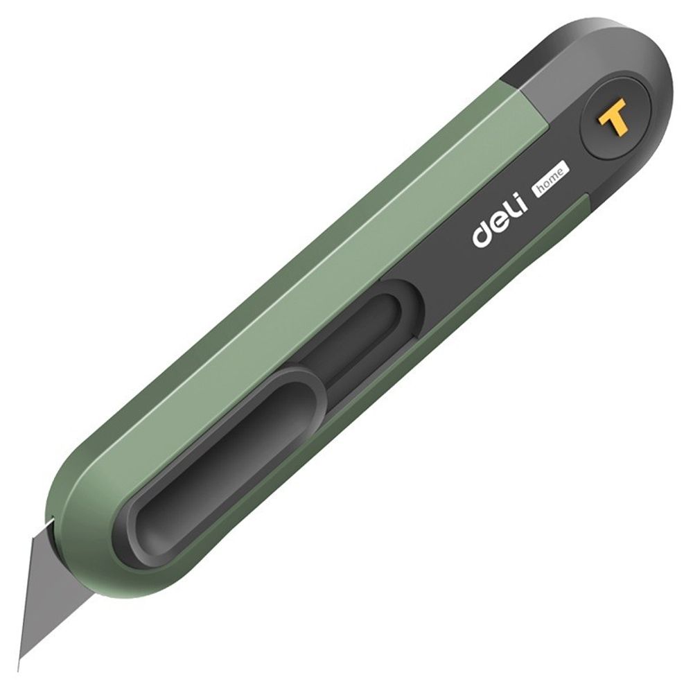 Технический нож "Home Series Green" Deli HT4008L  Т-образное лезвие с механизмом автоматического возврата, эксклюзивный дизайн, корпус из высококачественного софттач пластика
