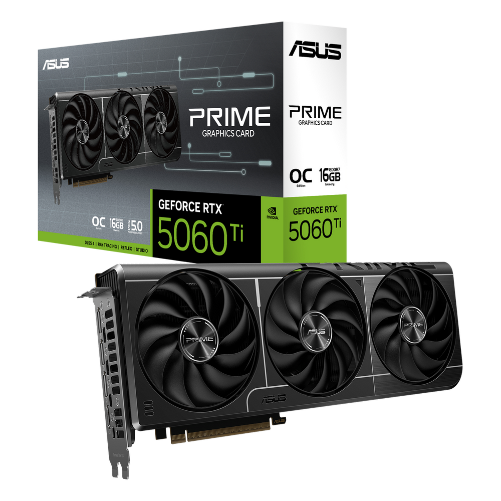Видеокарта ASUS GeForce RTX 5060 Ti PRIME OC, NVIDIA RTX 5060 Ti, 16 ГБ GDDR7, 128 бит, PCI-e 5.0, 1xHDMI, 3xDP, 2647 МГц