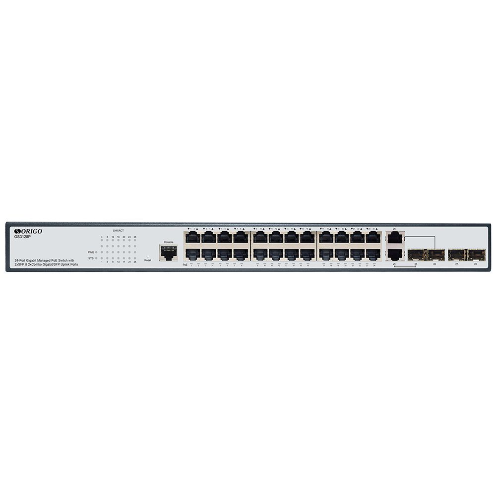 Коммутатор ORIGO Управляемый L2 PoE-коммутатор, 24x1000Base-T PoE, 2x1000Base-X SFP, 2xCombo 1000Base-T/SFP, PoE-бюджет 250 Вт, консольный порт RJ-45, комплект для установки в 19" стойку