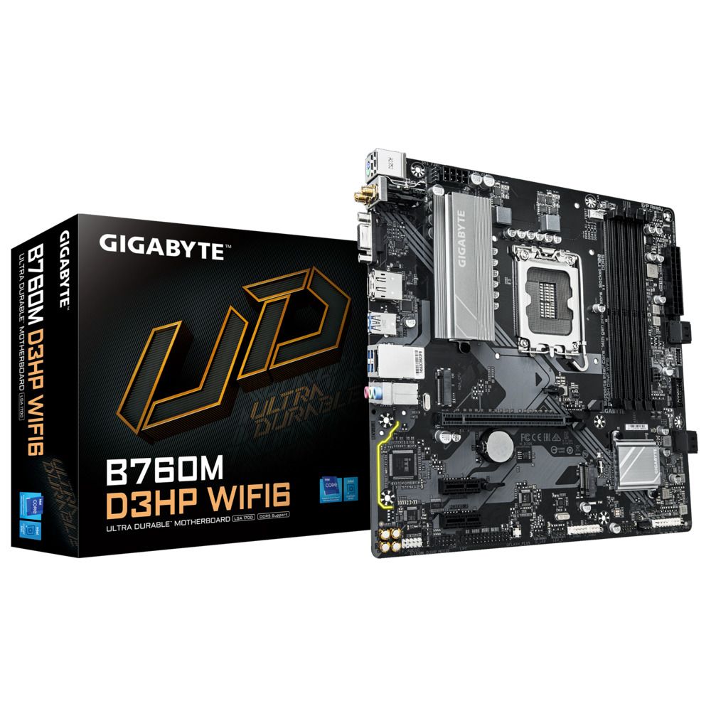 Материнская плата Gigabyte B760M D3HP WIFI6, LGA 1700, Intel B760, 4xDDR5, 4xSATA, 2xM.2, 1xPCIe 4.0 x16, 1xPCIe 4.0 x4, 1xHDMI, 1xDP, 1x2.5Gb LAN, Wi-Fi 6, Bluetooth 5.3, 1xUSB-C 10Gbps, 1xUSB-A 10Gbps, 4xUSB-A 5Gbps, 2xUSB-A 2.0, 1xPS/2, 3x3.5 мм, 7.1, mATX