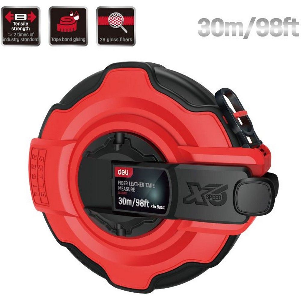 Мерная лента Deli DL9930Y  30м x 14,5мм, ударопрочный корпус с резиновыми вставками, полотно из стекловолокна и ПВХ, увеличенная скорость сматывания ленты Bad Pack