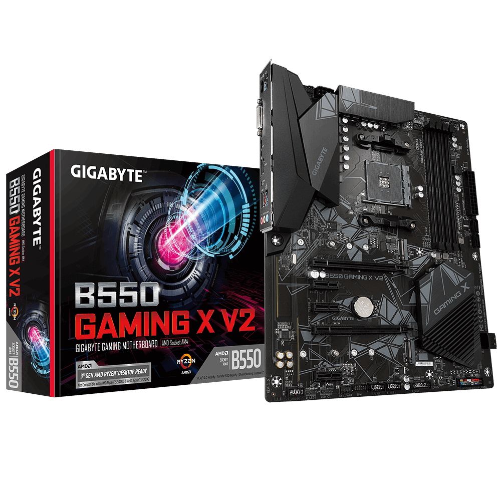Материнская плата Gigabyte B550 GAMING X V2, Socket AM4, AMD B550, 4xDDR4-3200, DVI-D+HDMI, 2xPCI-Ex16, 3xPCI-Ex1, 4xSATA3(RAID 0/1/10), 2xM.2, 8 Ch Audio, 1xGLan, (2+4)xUSB2.0, (4+2)xUSB3.2, 1xPS/2, ATX, RTL (810702) bp (B550 GAMING X V2 плохая упаковка)