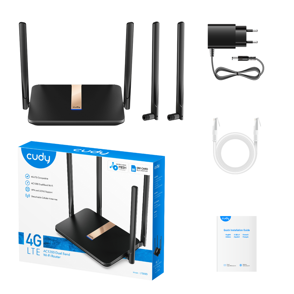 Модем CUDY AC1200 Wi-Fi Mesh 4G LTE  Cat4 Router,1200Mbps Wi-Fi, build-in 4G LTE modem, Chipset MediaTek, 300Mbps at 2.4GHz + 867Mbps at 5GHz, 2 WiFi  antennas, 2 Detachable 4G antennas, 4 10/100M RJ45 Ports, Nano SIM Slot, Cudy Mesh Support, PPTP/L2TP/OpenVPN/WireGuard V