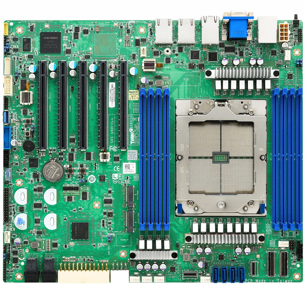 Материнская плата Mitac S8050GM2NE, SP5, SoC, 8xDDR5, 12xSATA, 2xM.2 (PCIe x4), 5xPCIe 5.0 x16, 4xU.2, 3xRJ45, 2xUSB-A 5Gbps, 1xCOM, 1xD-Sub, Aspeed AST2600 GPU, Intel I210AT LAN, 1000 Мб/с, BIOS UEFI, SSI CEB