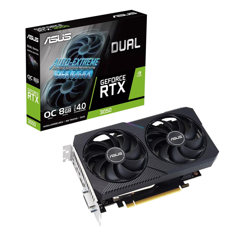 Видеокарта Asus NVIDIA - GeForce RTX 3050 Dual V2 OC, PCI-E 4.0 16x, GDDR6 8GB 128bit, 1x DVI-D, 1x HDMI, 1x DP, 115Вт, 200мм, 90YV0GH6-M0NA00