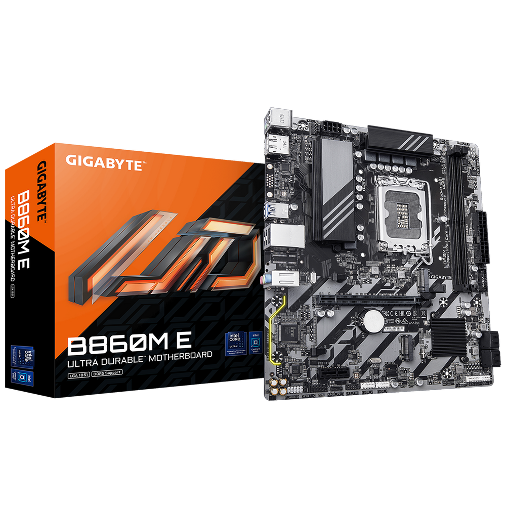 Материнская плата Gigabyte Bad Pack B860M E, Socket 1851, Intel®B860, 2xDDR5-6400, HDMI+DP, 1xPCI-Ex16, 1xPCI-Ex1, 4xSATA3(RAID 0/1/5/10), 2xM.2, 8Ch Audio, GLan, (2+4)xUSB2.0, (4+2)xUSB3.2, 1xPS/2, mATX, RTL bp