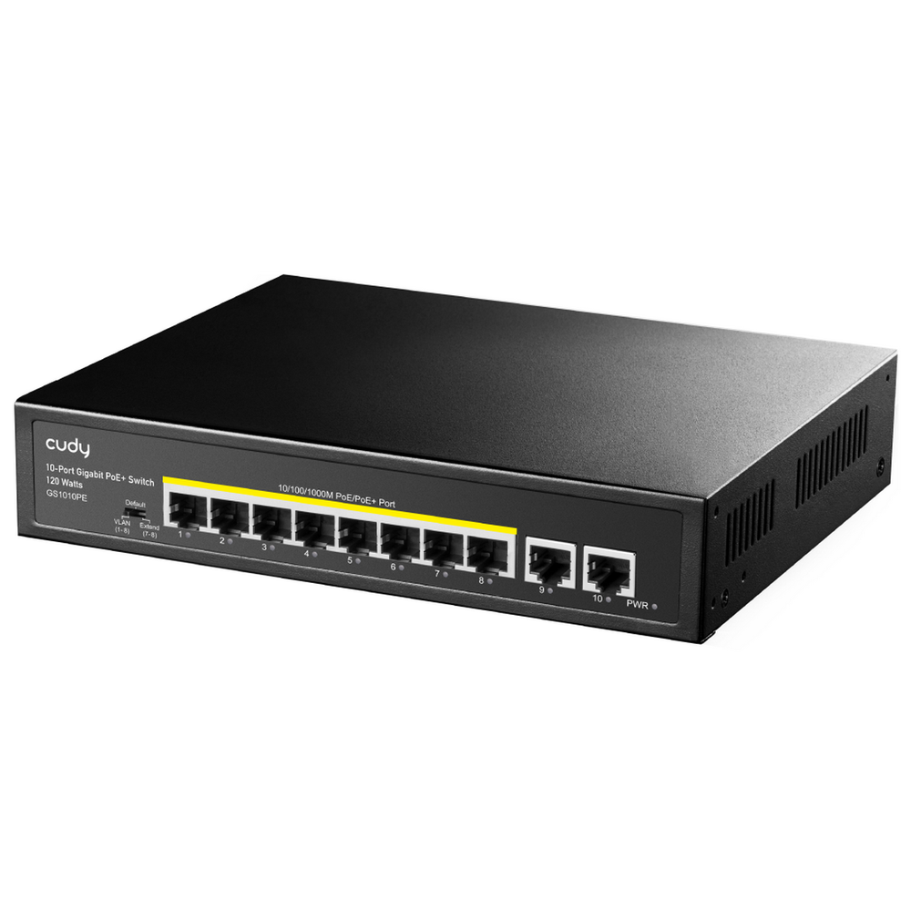 Коммутатор CUDY 8-Port Gigabit PoE+ Switch with 2 Gigabit Uplink Ports 120W                                          8 RJ-45 10/100/1000M PSE ports +2 RJ45 10/100/1000  Uplink Port Unmanaged PoE+ Switch 120W,  802.3af/at standard,Alternative 1/2(+),3/6(-), Steel Case, Watchdog, 120W internal
