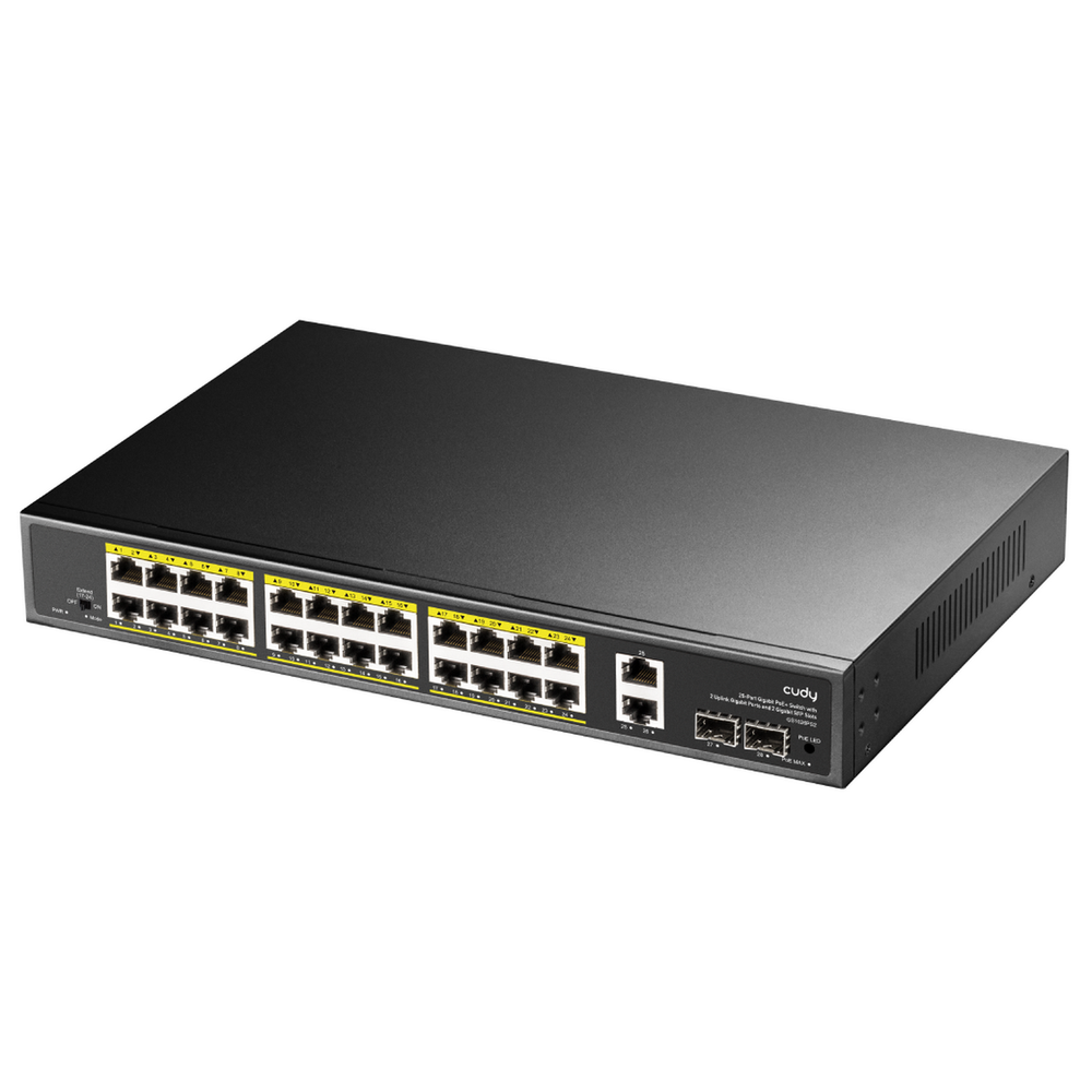Коммутатор CUDY 24-Port Gigabit PoE+ Switch with 2 Uplink Gigabit Ports and 2 Gigabit SFP Slots 300W 24-10/100/1000 BASE-T Gigabit ports, 2-Port 10/100/1000 BASE-T Gigabit Uplink ports, 2-1000 BASE-X SFP Slot, 24-port IEEE 802.3at PoE+ Injector, 300 watts total Power budget, Supports PoE power up to 30W for each PoE port, Extend Mode (Transmit distance up