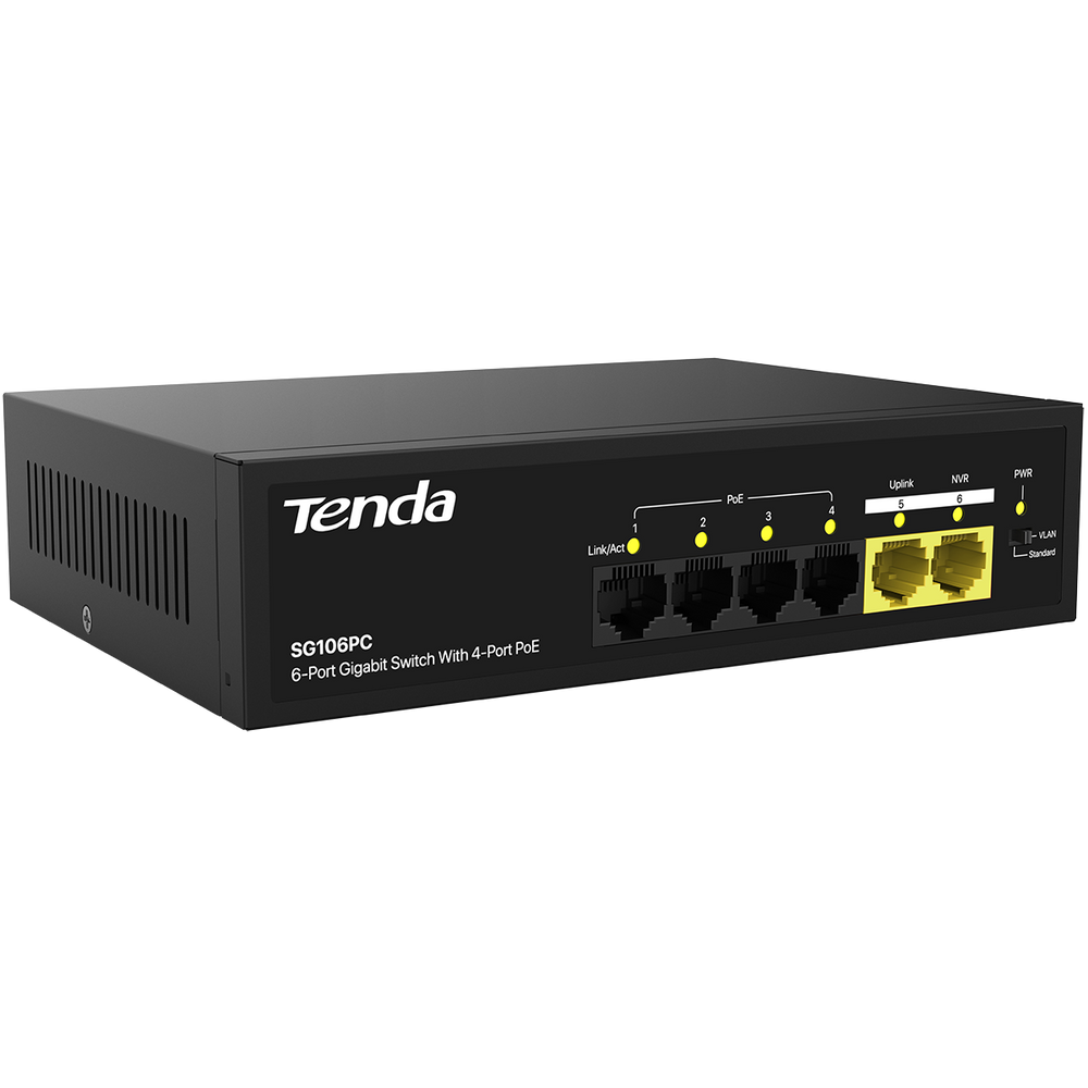 Коммутатор Tenda SG106PC, 6×1GbE, 4×PoE, 55W PoE