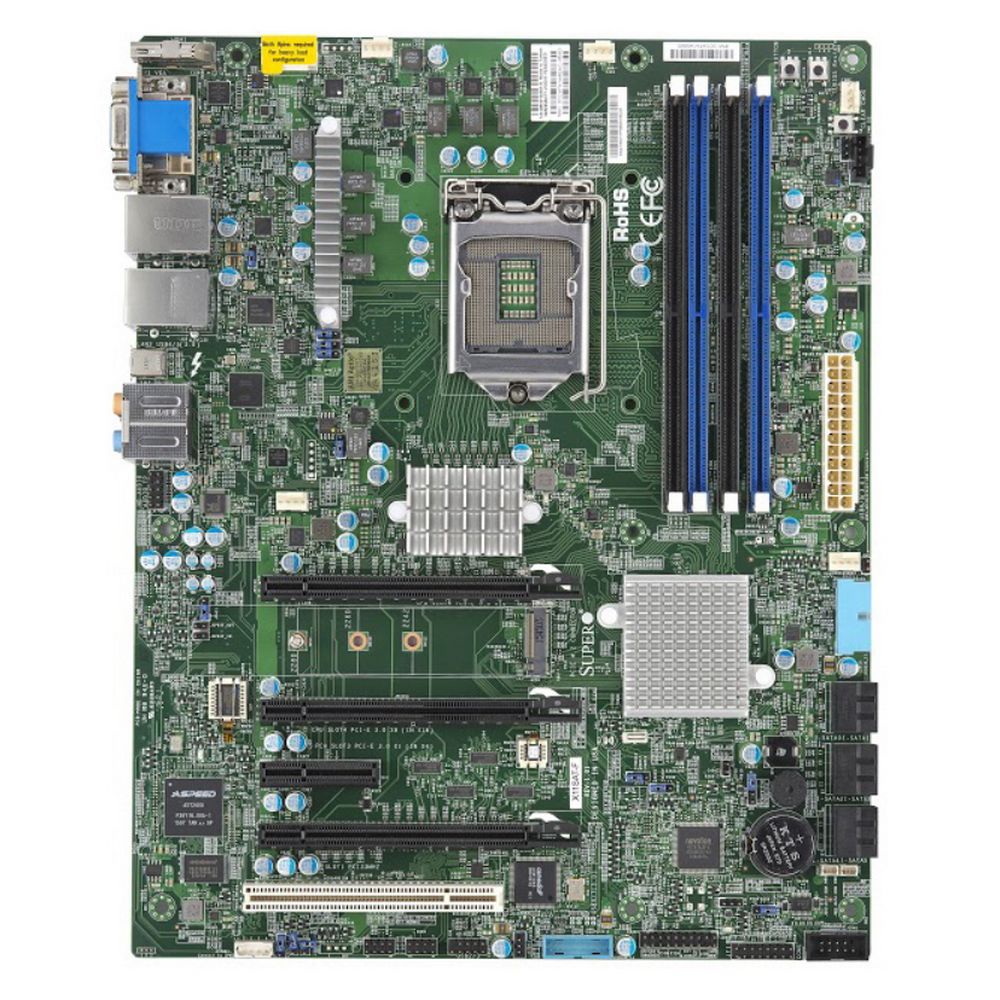 Материнская плата SuperMicro MBD-X11SAT-F ATX LGA 1151 Up to 64GB Unbuffered ECC/non-ECC UDIMM DDR4-2400MHz, in 4 DIMM slots 4 USB 2.0 ports 6 USB 3.1 Gen1 ports 2 Rears Type A 1 USB 3.1 Gen2 ports + 1 Rear Type C 3 PCI-E 3.0 x16 1 PCI-E 3.0 x11 - 5V PCI 32bit