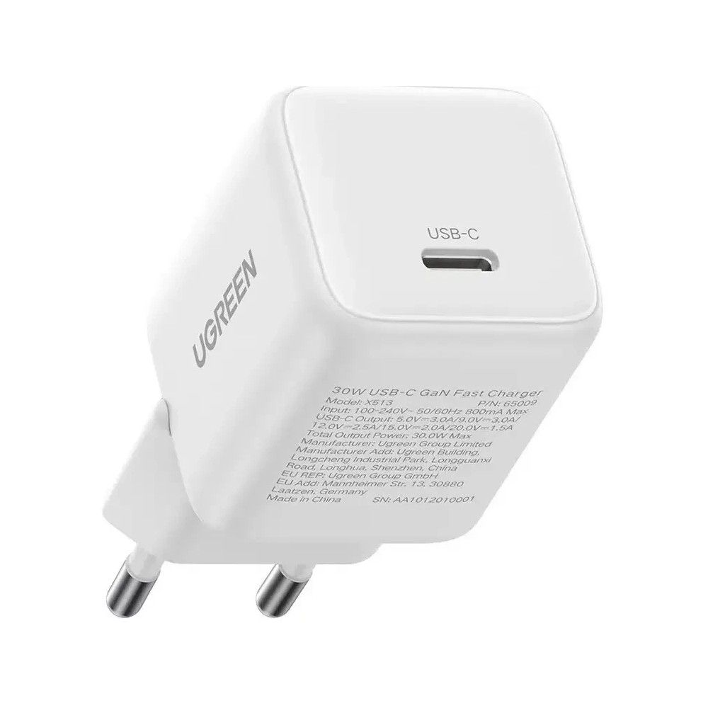 Сетевое зарядное устройство UGREEN X513 (65013) 30W USB-C GaN Fast Charger с кабелем USB-C-USB-C.  Длина: 1м. Цвет: белый