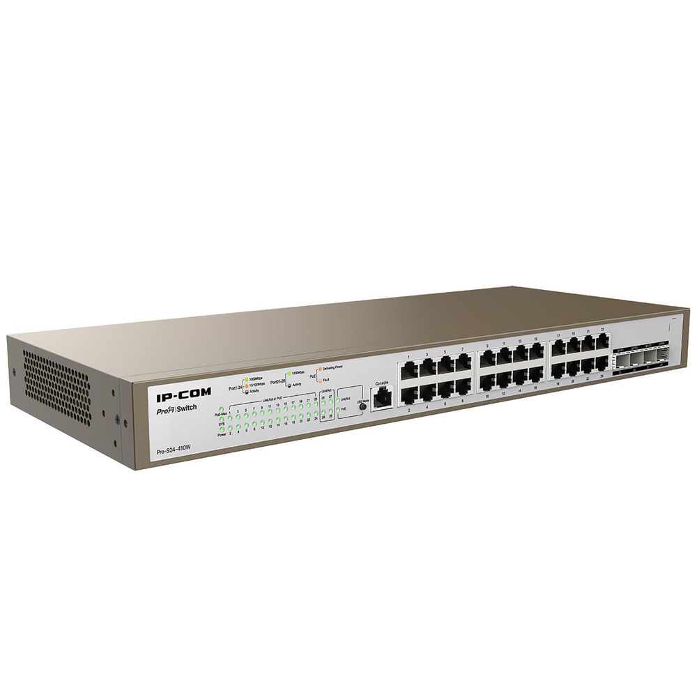 Коммутатор IP-COM Pro-S24-410W Коммутатор управляемый PoE, 24 порта 24x1 Гбит/с, SFP 4x1 Гбит/с, PoE 24x30Вт (до 370Вт), установка в стойку, металлический