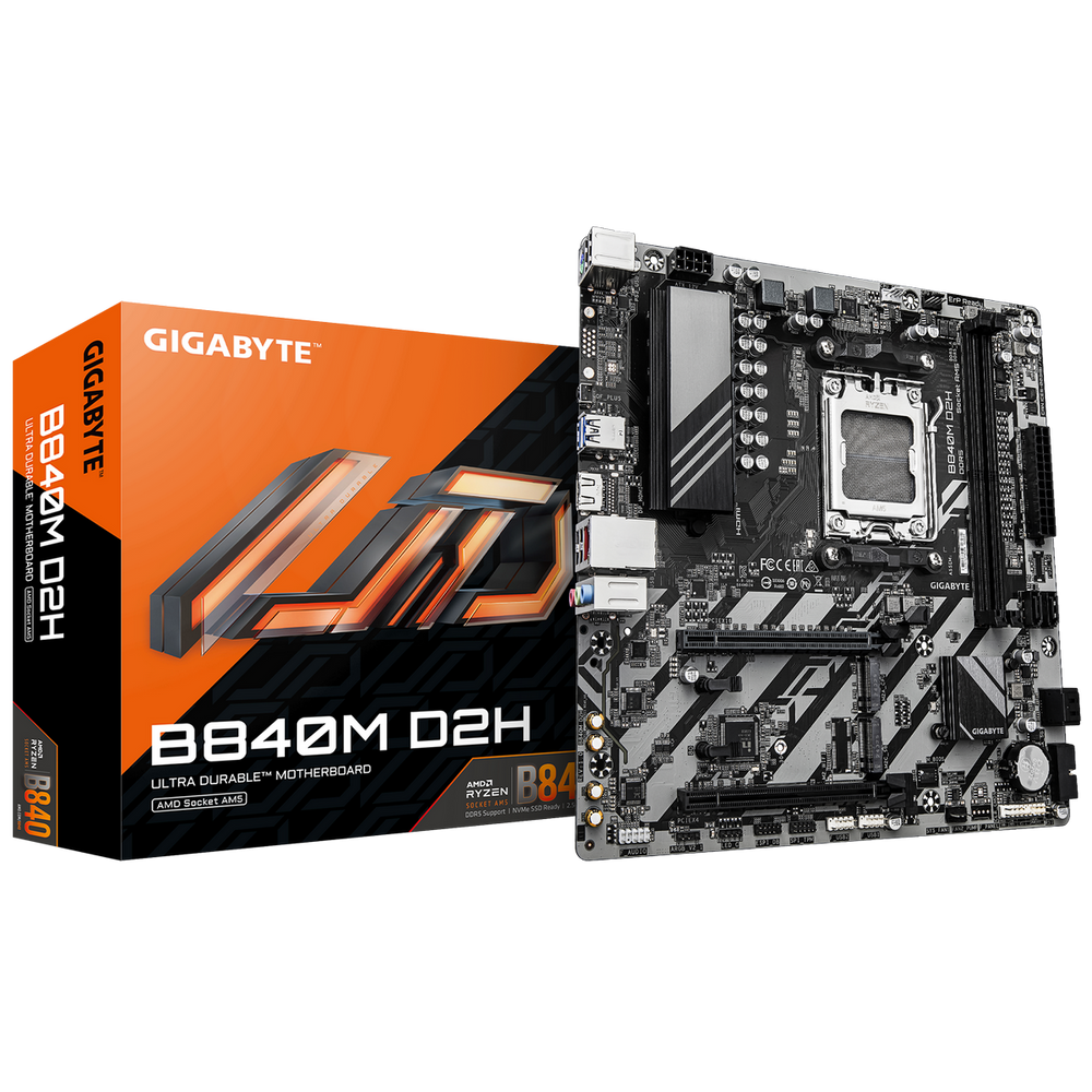 Материнская плата Gigabyte Bad Pack B840M D2H, Socket AM5, AMD B840, 2xDDR5-5200, HDMI, 2xPCI-Ex16, 4xSATA3(RAID 0/1/10), 2xM.2, 8 Ch Audio, 1x2,5GLan, (4+4)xUSB2.0, (2+2)xUSB3.2, 1xPS/2, mATX, RTL bp