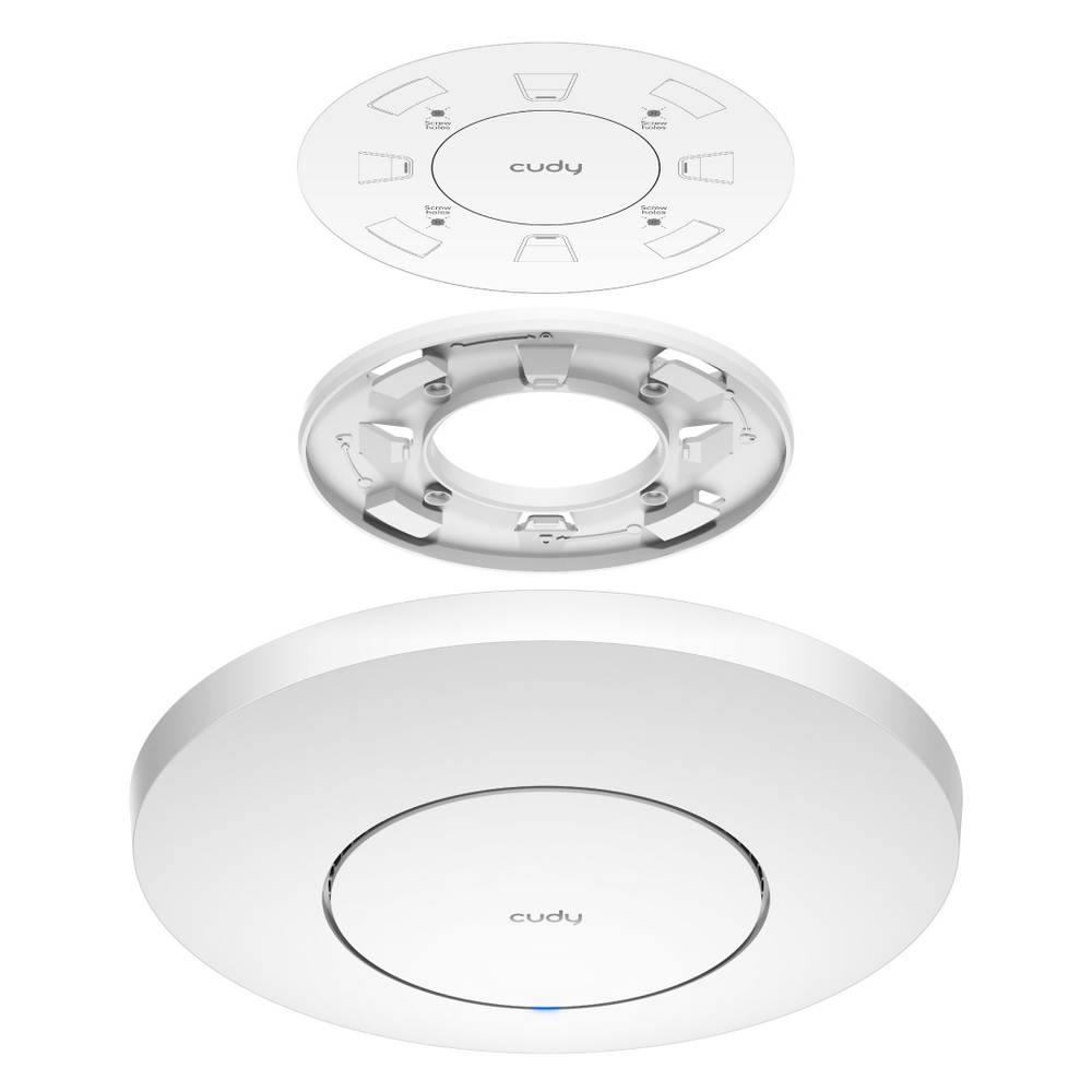 Точка доступа Wi-Fi CUDY AX3000 Wi-Fi 6 2 5G Access Point AX3000 Dual Band Ceiling Mount Wi-Fi 6 Access Point, Chipset MT7981, 802.11ax/ac/a/b/g/n, 2402Mbps at 5GHz + 574Mbps at 2.4GHz, 1 x 2.5G RJ45 Port, MU-MIMO, Support 12V DC or  802.3at PoE or Passive PoE, Internal Antennas, 48V passive PoE adapter included,