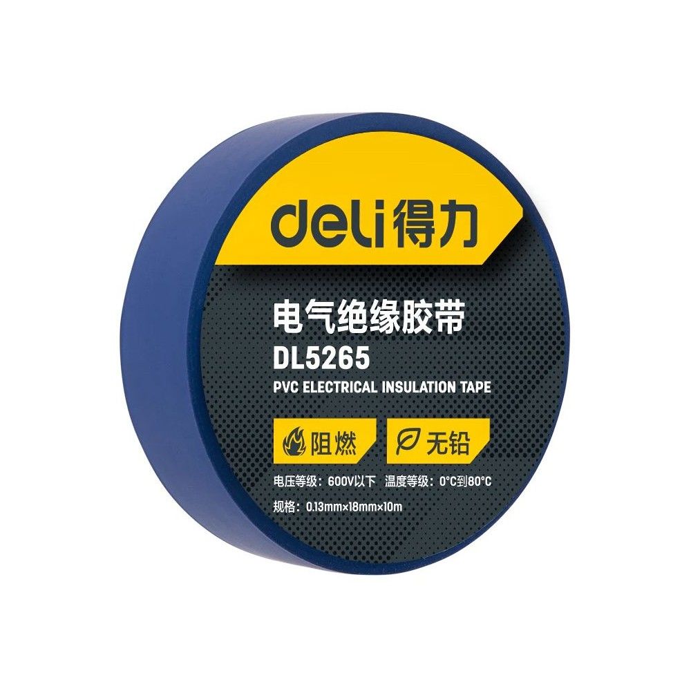 DL5265 Deli Изолента Deli DL5265 синяя, 0,13мм х 18мм х 9,15м, напряжение до 600В, температурный диапазон 0-80 грд., ПВ